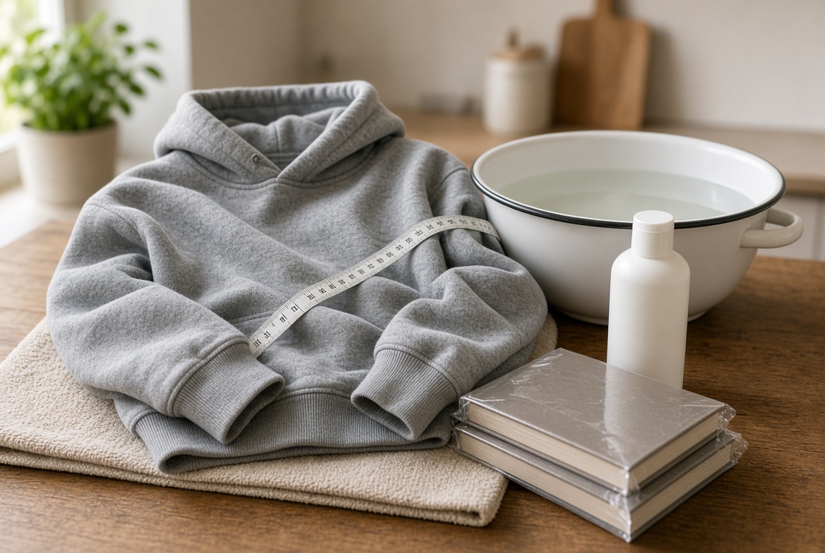 Gray cotton hoodie laid flat on a towel next to a basin of water, conditioner, tape measure, and wrapped books for stretching.