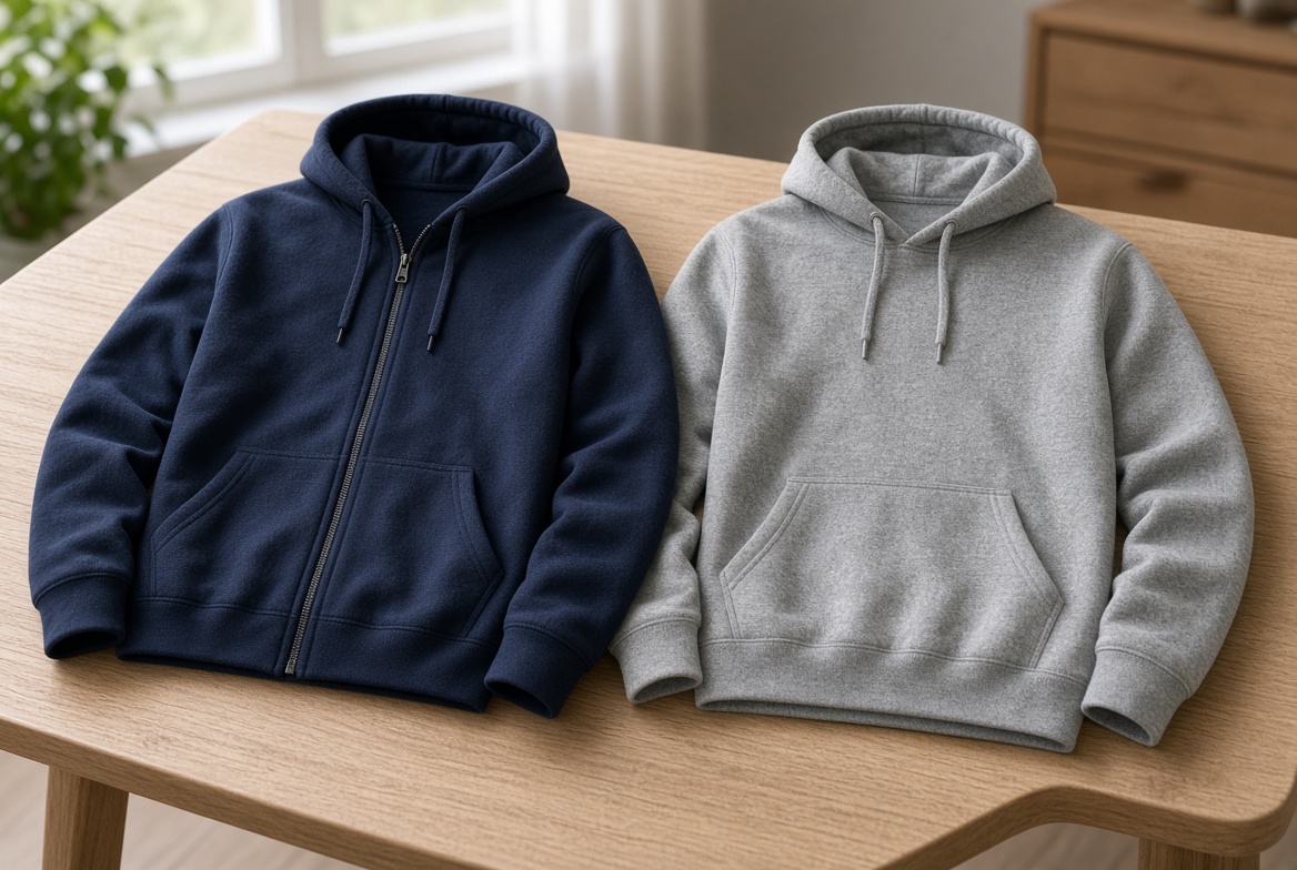 Navy zip-up hoodie and gray pullover hoodie laid flat for a style comparison
