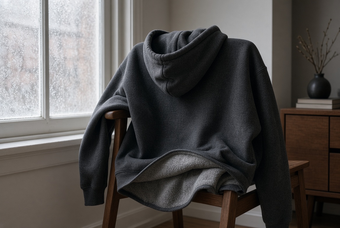 Heavyweight charcoal hoodie on a chair beside a frosted window
