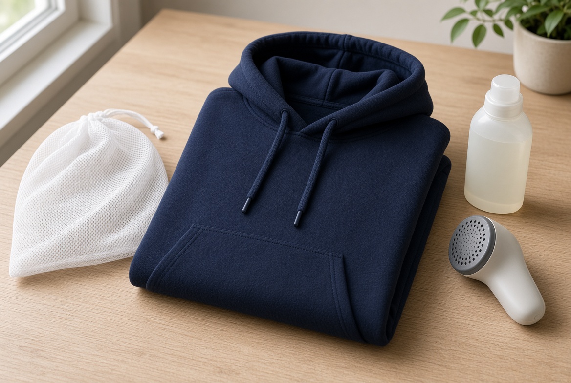 Navy hoodie on a table with a mesh wash bag, mild detergent, and a fabric shaver Small tools that belong next to a hoodie you want to keep smooth
