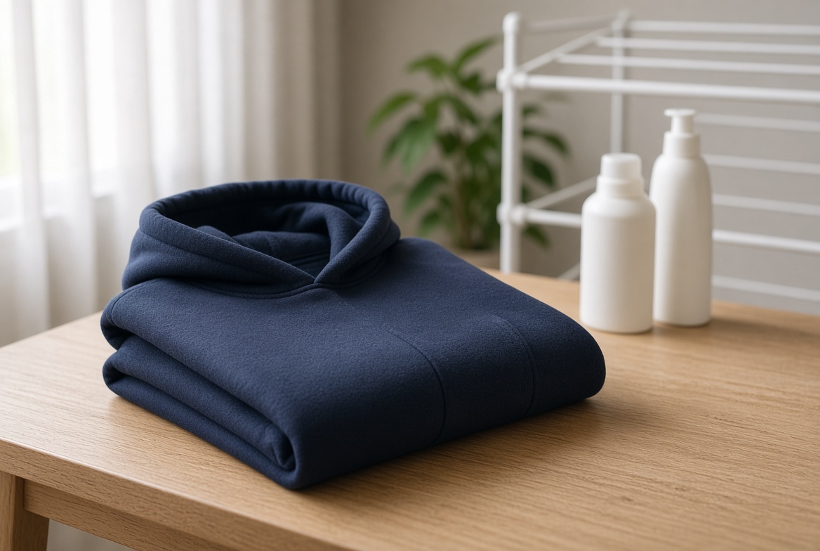 Navy hoodie folded on a table beside an indoor drying rack in soft side light Keep the chest out of the sun between wears