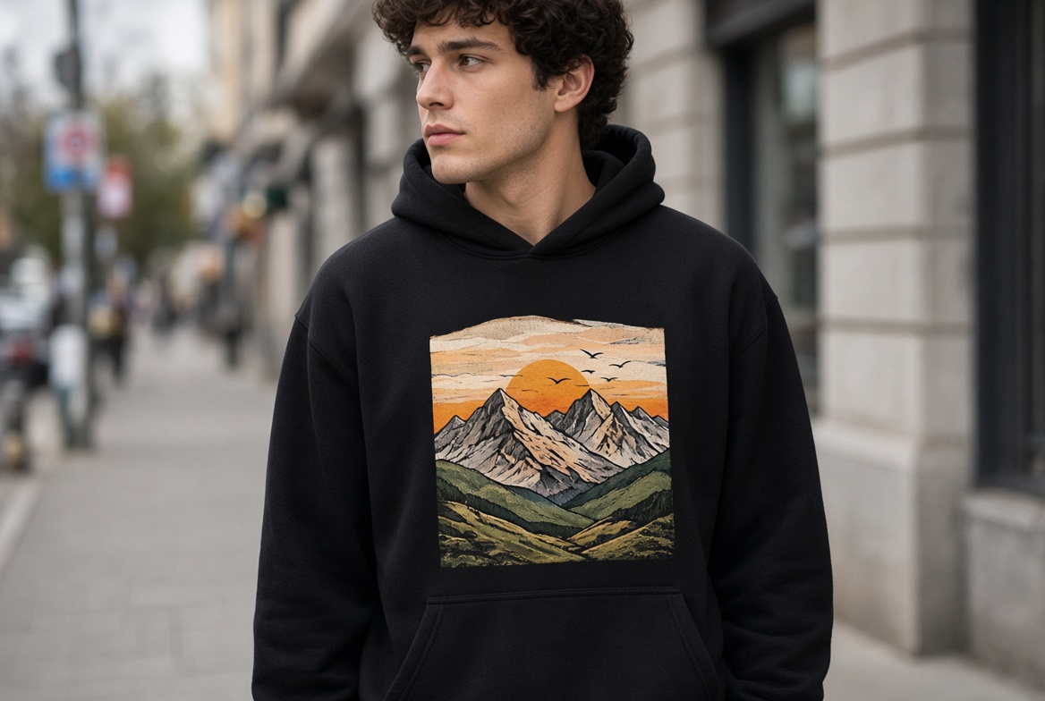 graphic hoodie with a large chest illustration above the pocket