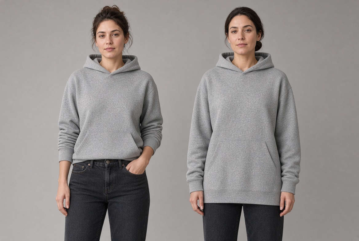 Longline vs cropped hoodie hems, one ending at the waist and one below the hip