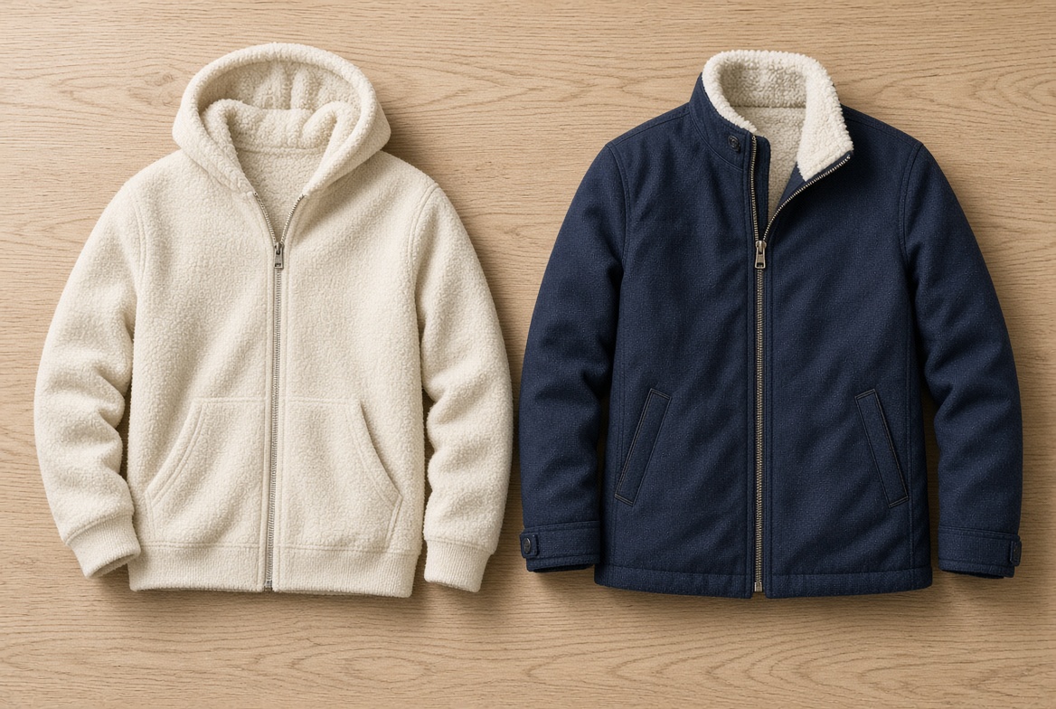 Sherpa hoodie vs sherpa jacket laid flat, hoodie with a hood and rib cuffs beside a woven jacket with a collar.