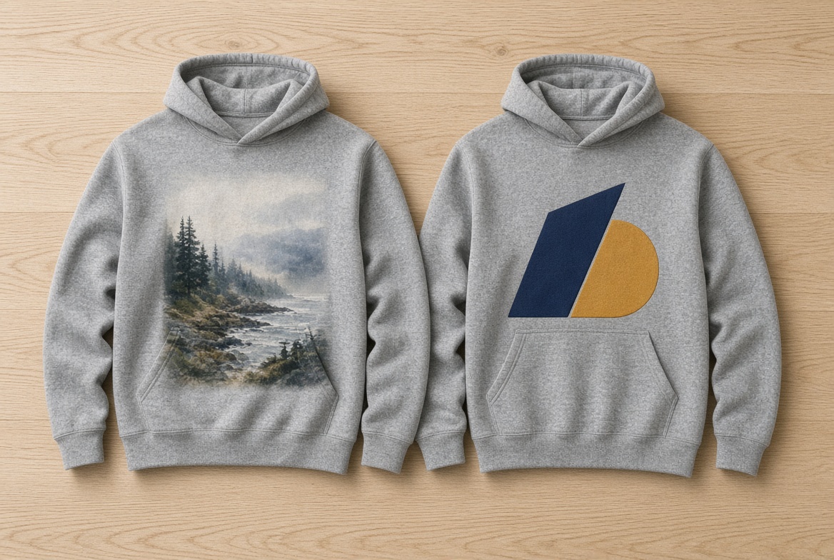 DTG vs screen printing on hoodies shown as a soft photo print beside a two-color solid print.