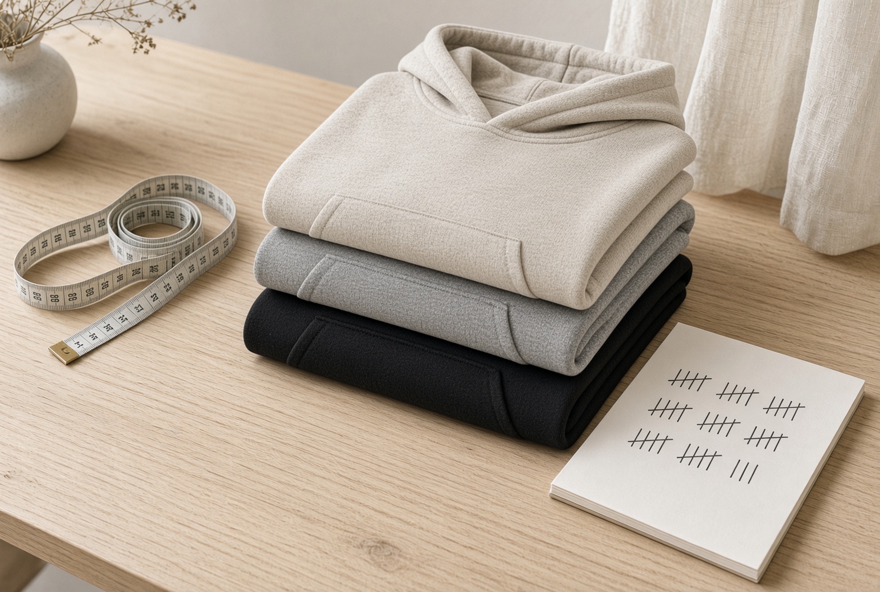 Blank hoodie minimum order for a small run, shown as a stack of undecorated hoodies beside a tape measure