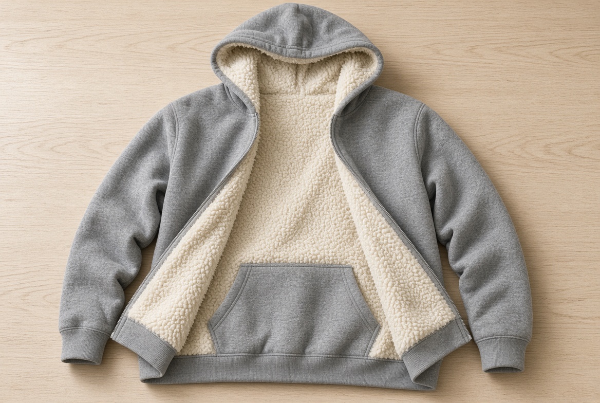 sherpa hoodie opened to show the curly lining and smooth shell.