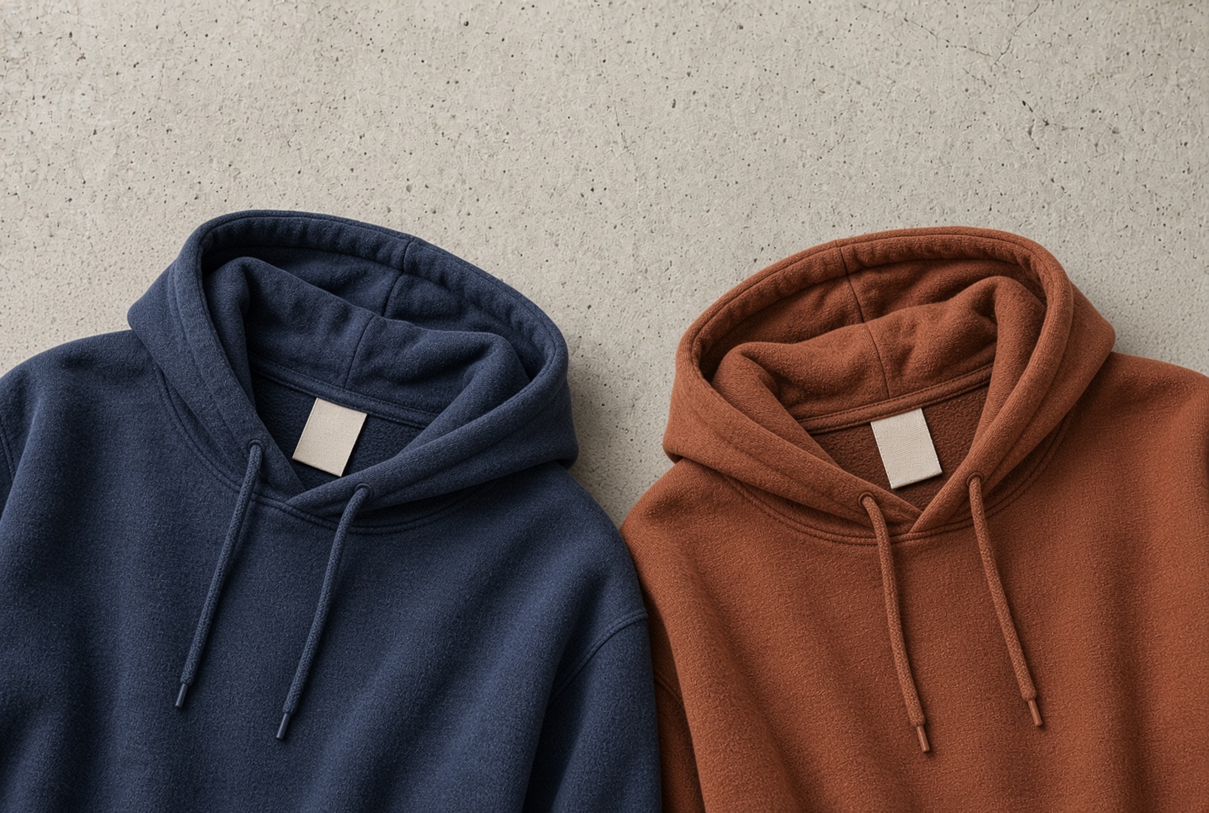 80/20 vs 50/50 hoodie neck labels on a navy hoodie and a rust hoodie