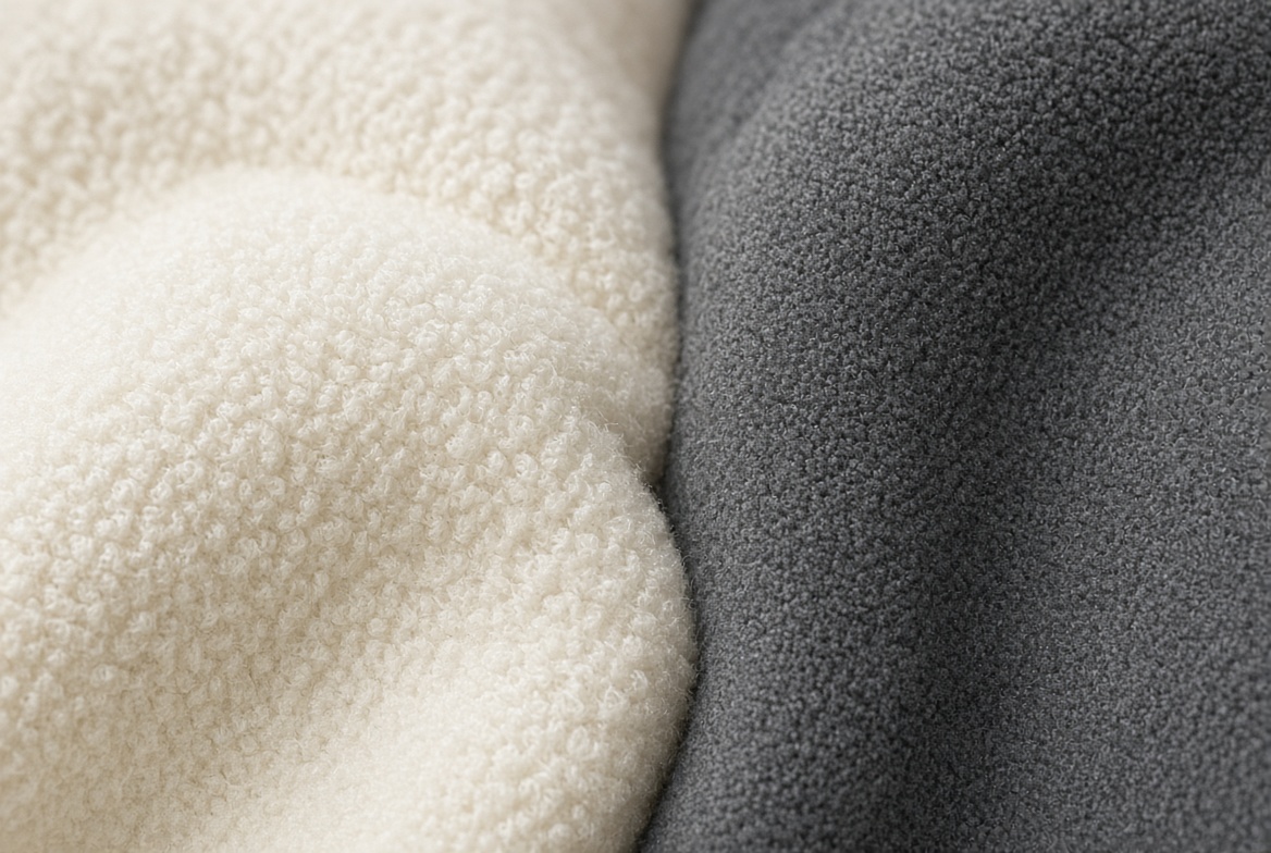 Close-up of brushed cotton fleece beside smoother polyester fleece Cotton nap on the left, polyester pile on the right.