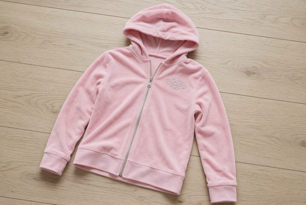 Cropped pink velour zip hoodie laid flat with a metal zipper and stone cluster on the back