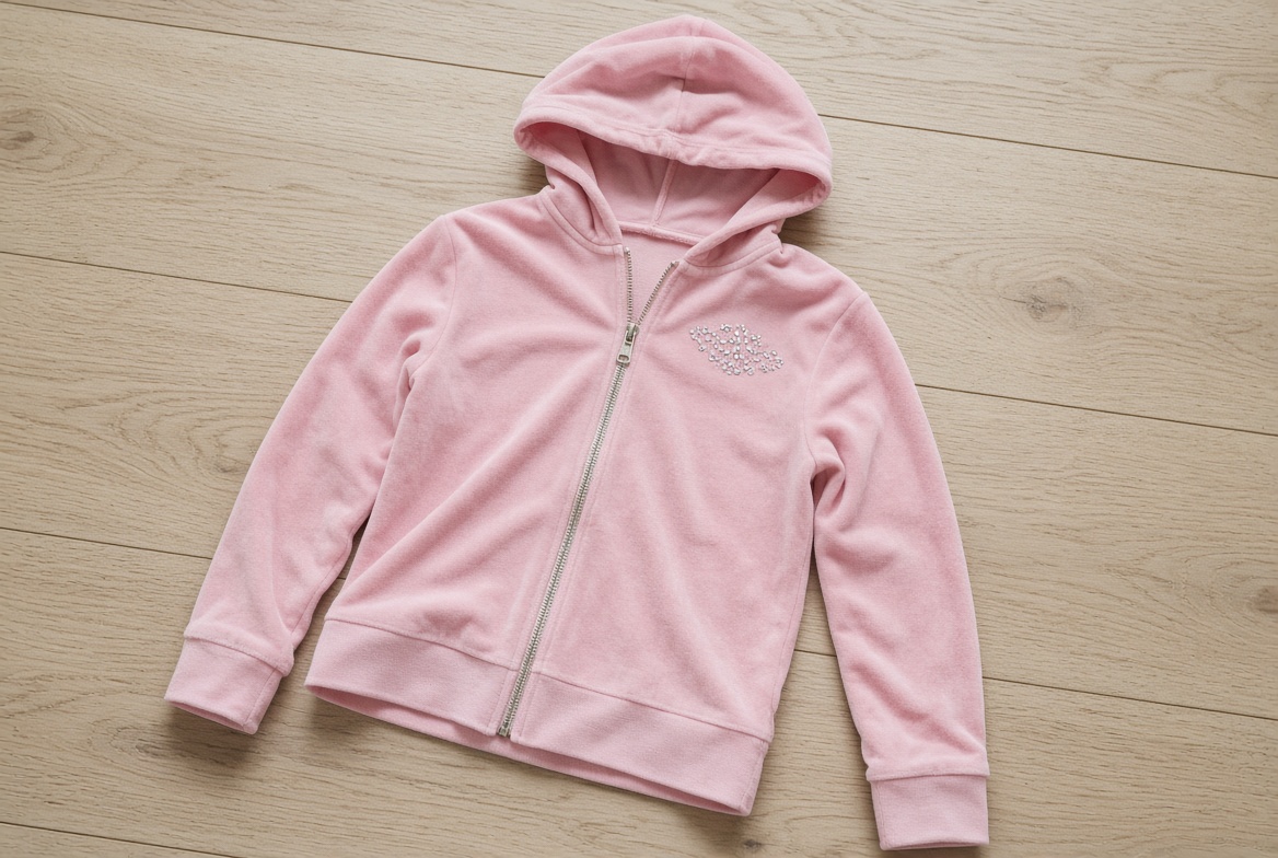 Cropped pink velour zip hoodie laid flat with a metal zipper and stone cluster on the back