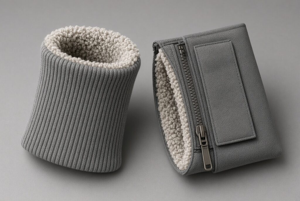 Ribbed sherpa hoodie cuff next to a jacket cuff with a zipper and storm flap