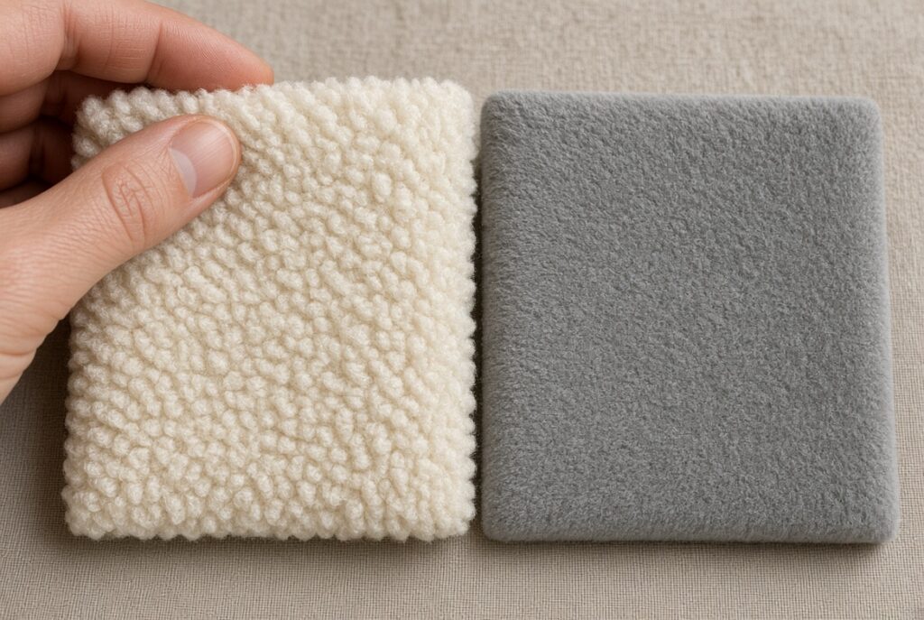 sherpa pile next to brushed fleece on a sherpa hoodie fabric check.