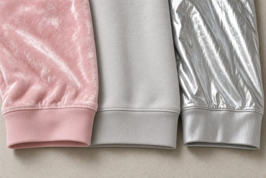 Velour pile, brushed fleece, and a shiny panel compared on three hoodies
