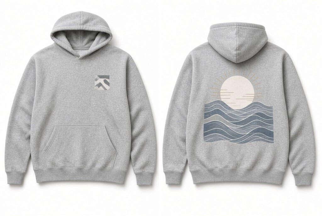 graphic hoodie front and back showing hoodie graphic placement.