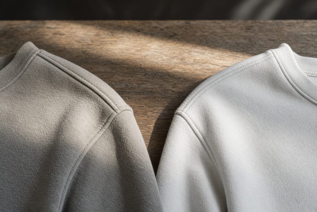 Sun-faded hoodie shoulder beside a hoodie with an even pale factory wash