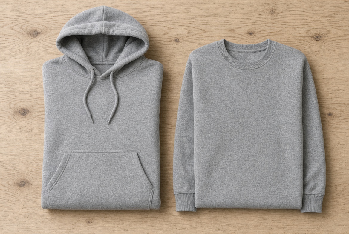 side-by-side flat lay of a pullover hoodie with the hood open and a plain neckband sweatshirt on a wood table, alt: hoodie vs sweatshirt flat lay comparison