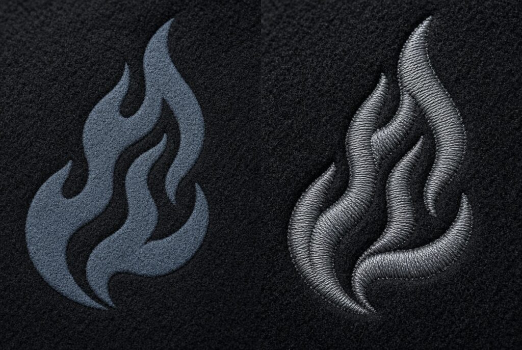 screen-printed graphic hoodie ink beside an embroidered graphic on fleece