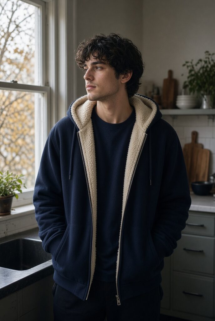 sherpa lined hoodie worn open so the hood lining shows.
