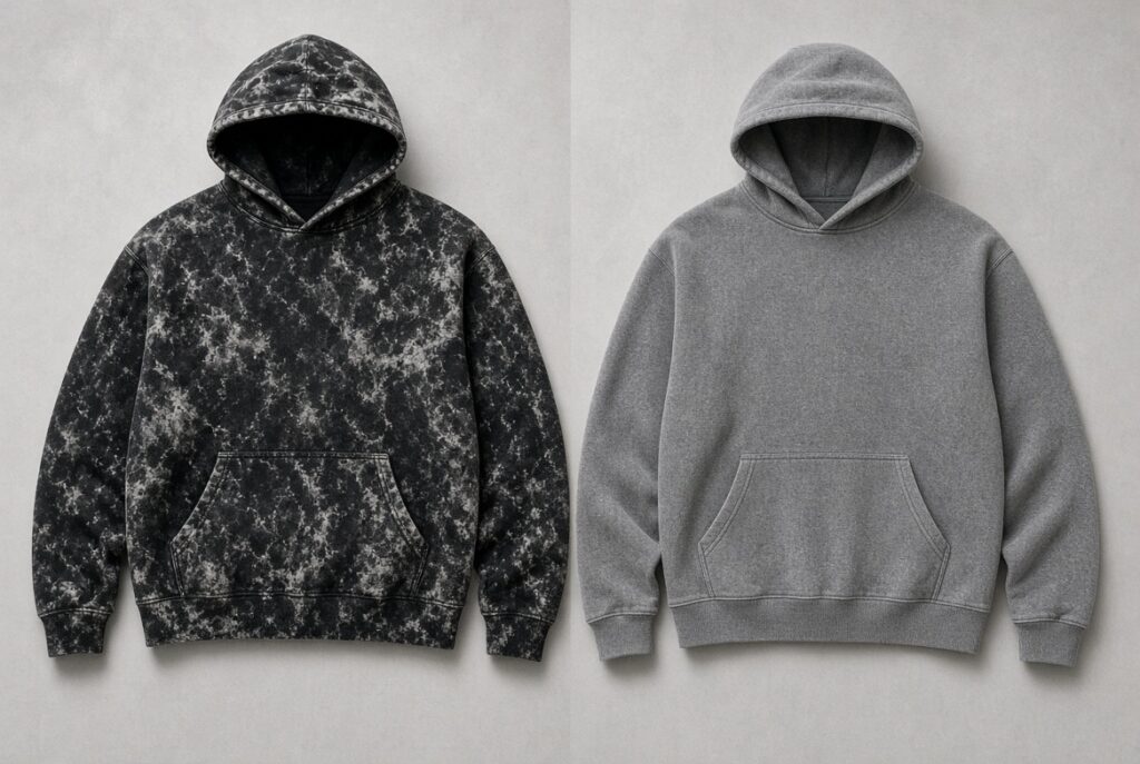 acid washed hoodie vs stone wash hoodie side by side