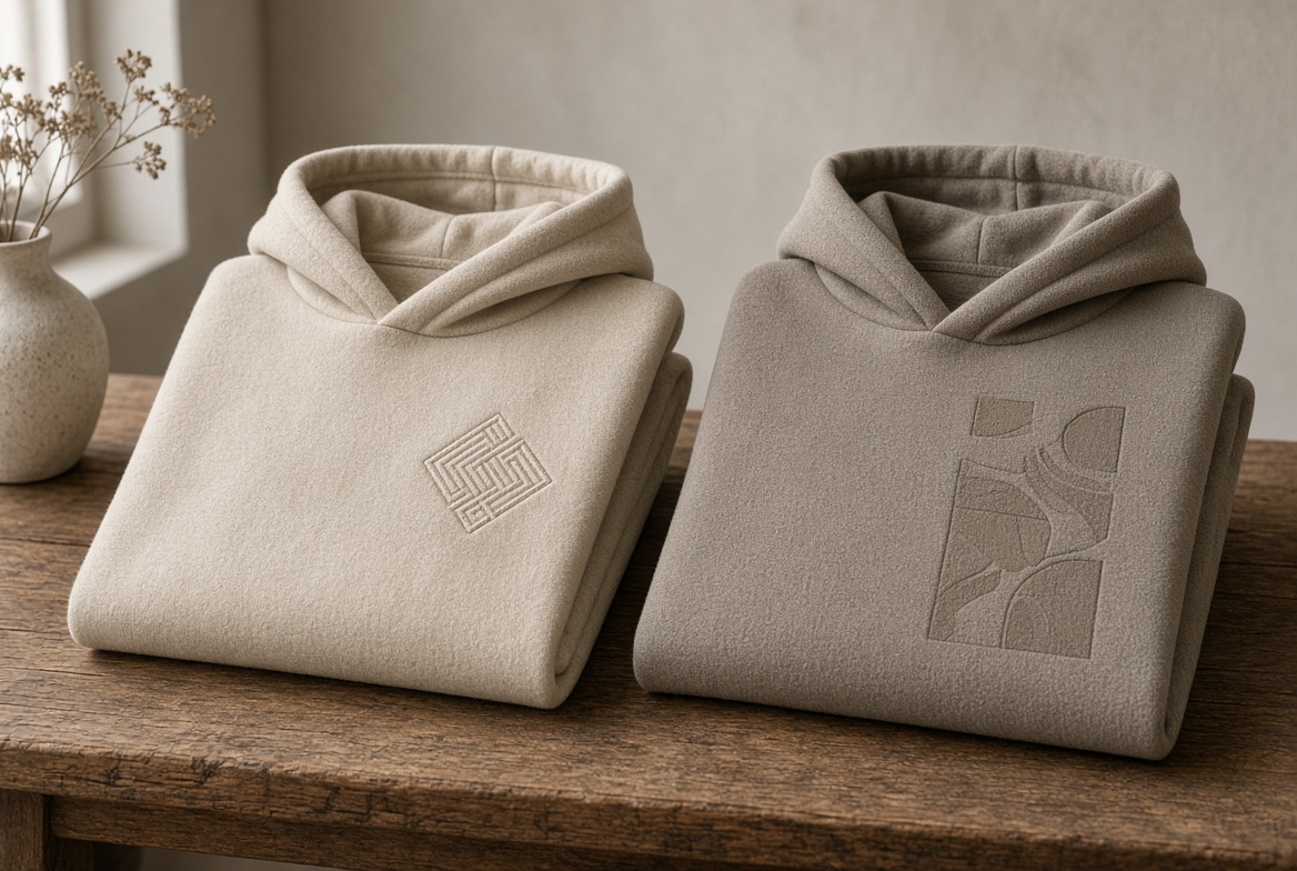 Two folded hoodies on a wood table, one with a small raised chest mark and one with a larger flat printed graphic.