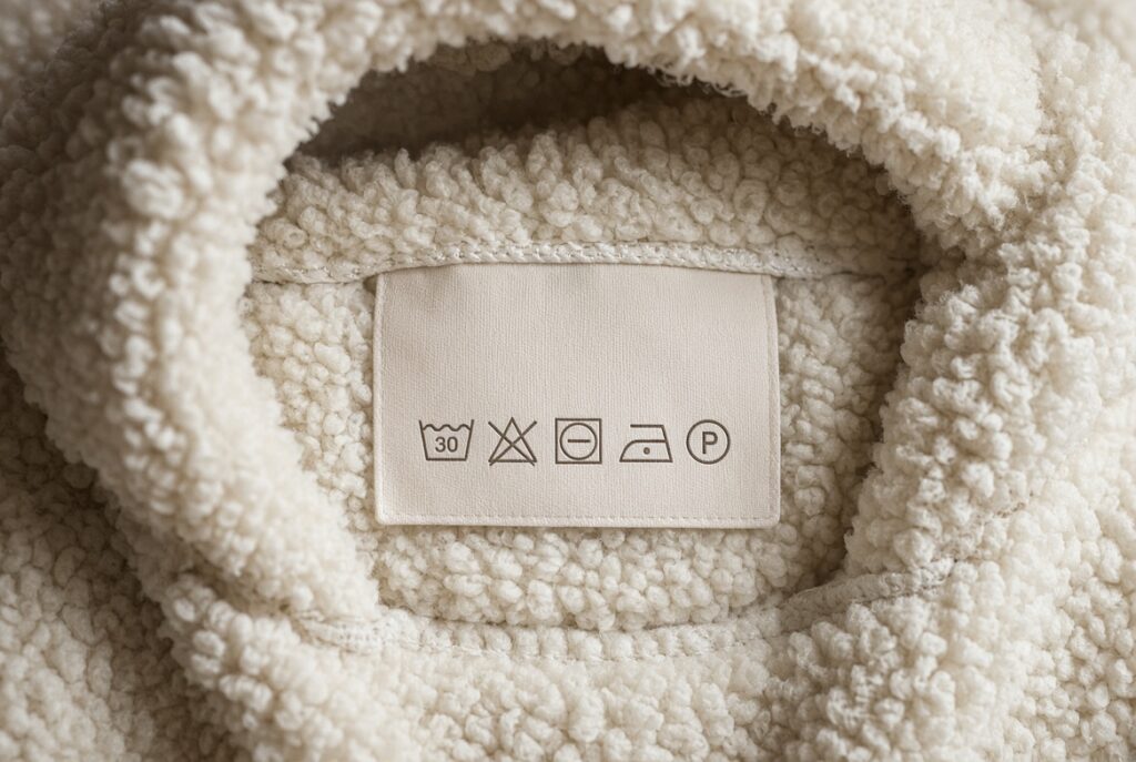 Care label sewn inside a sherpa hoodie collar, surrounded by curly pile