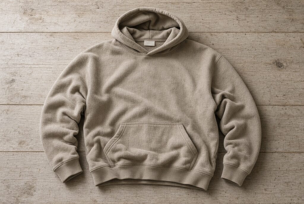 Worn cotton pullover hoodie laid flat with the neck tag visible at the collar