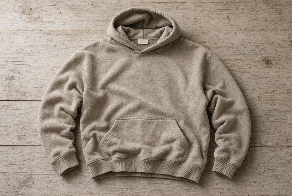 Worn cotton pullover hoodie laid flat with the neck tag visible at the collar