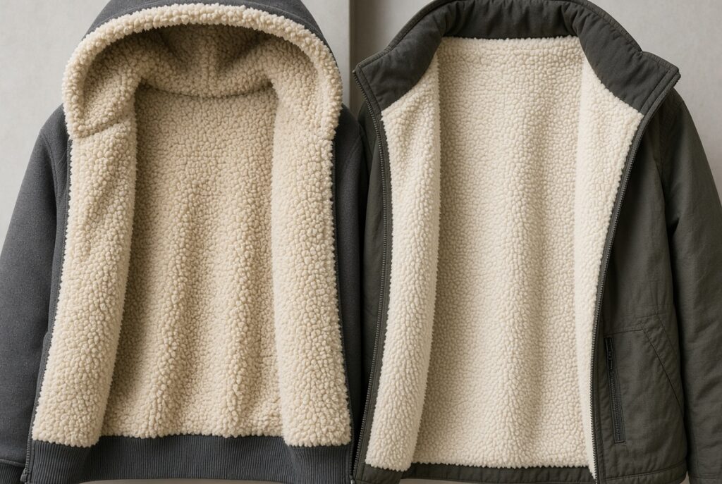 Sherpa fleece lining inside a hoodie and a jacket, curly pile visible on both