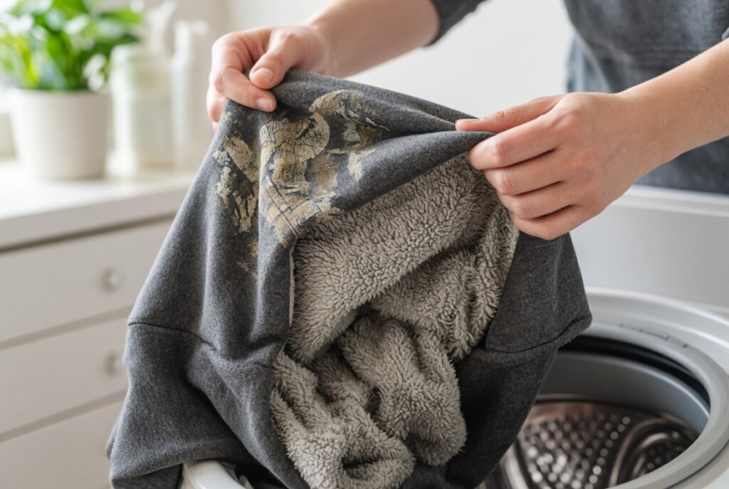 turning a graphic hoodie inside out before washing to protect the print.