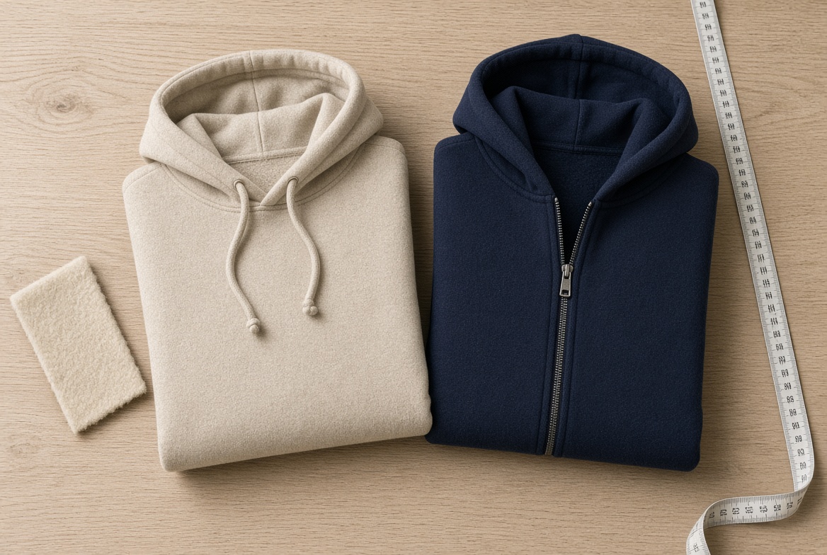 pullover and zip hoodies laid flat to compare how much it costs to make a hoodie
