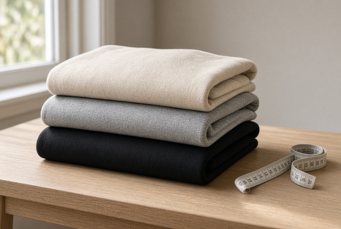 Folded black, grey, and oatmeal blank hoodies on a wood table with a tape measure