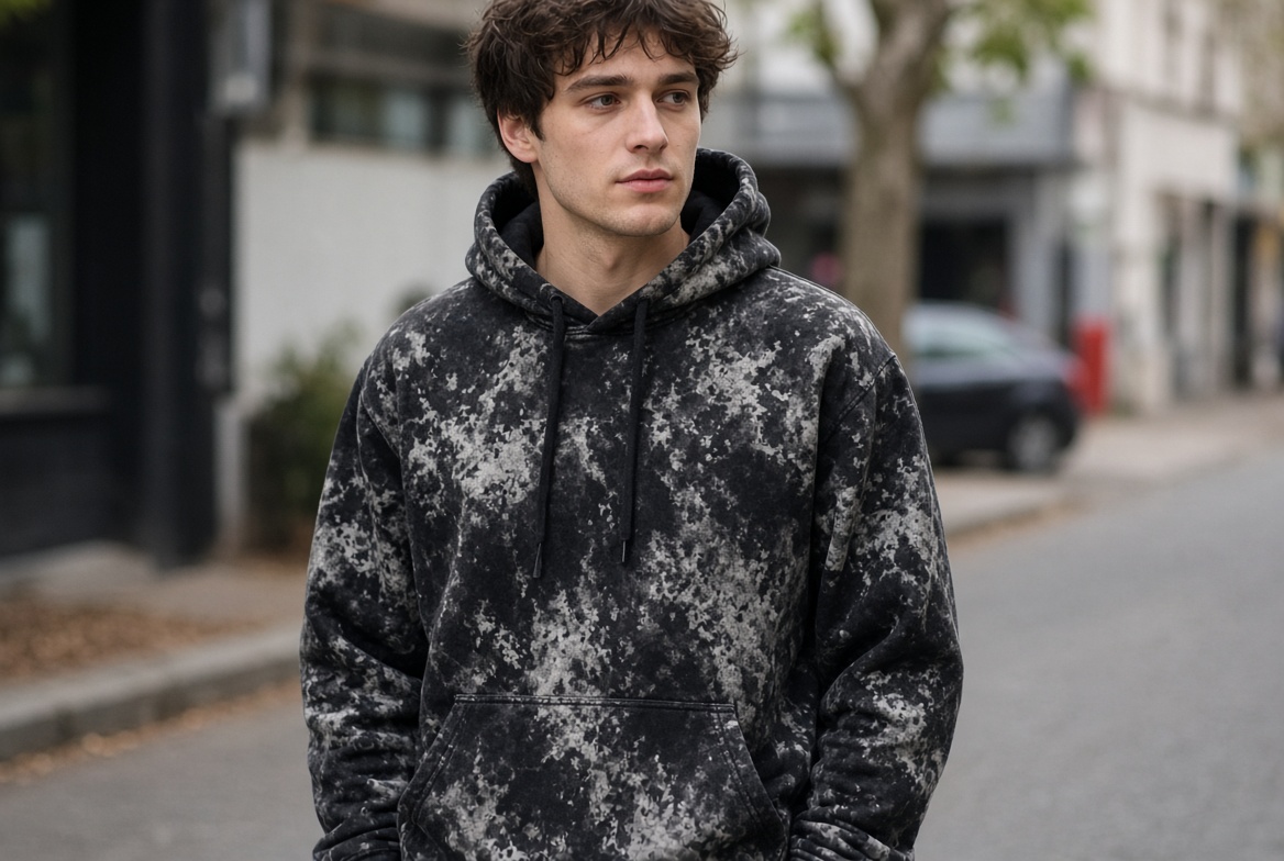 acid wash hoodie with mottled pale clouds on a black pullover.