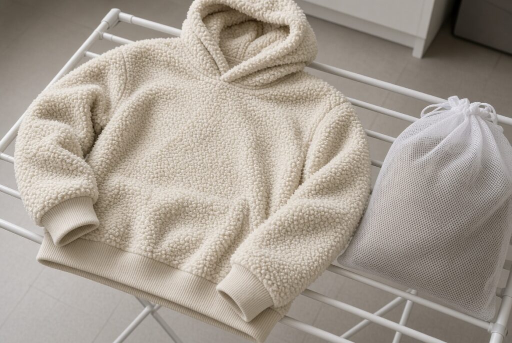 sherpa hoodie air drying flat so the pile can recover.